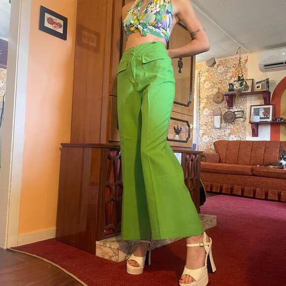 DEADSTOCK 1970s vintage green pleated fake pocket double button flare pants! - Picture 3 of 15